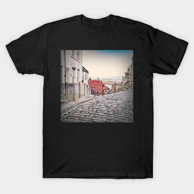 Whitby town cobbled streets and seaview T-Shirt by stuartchard